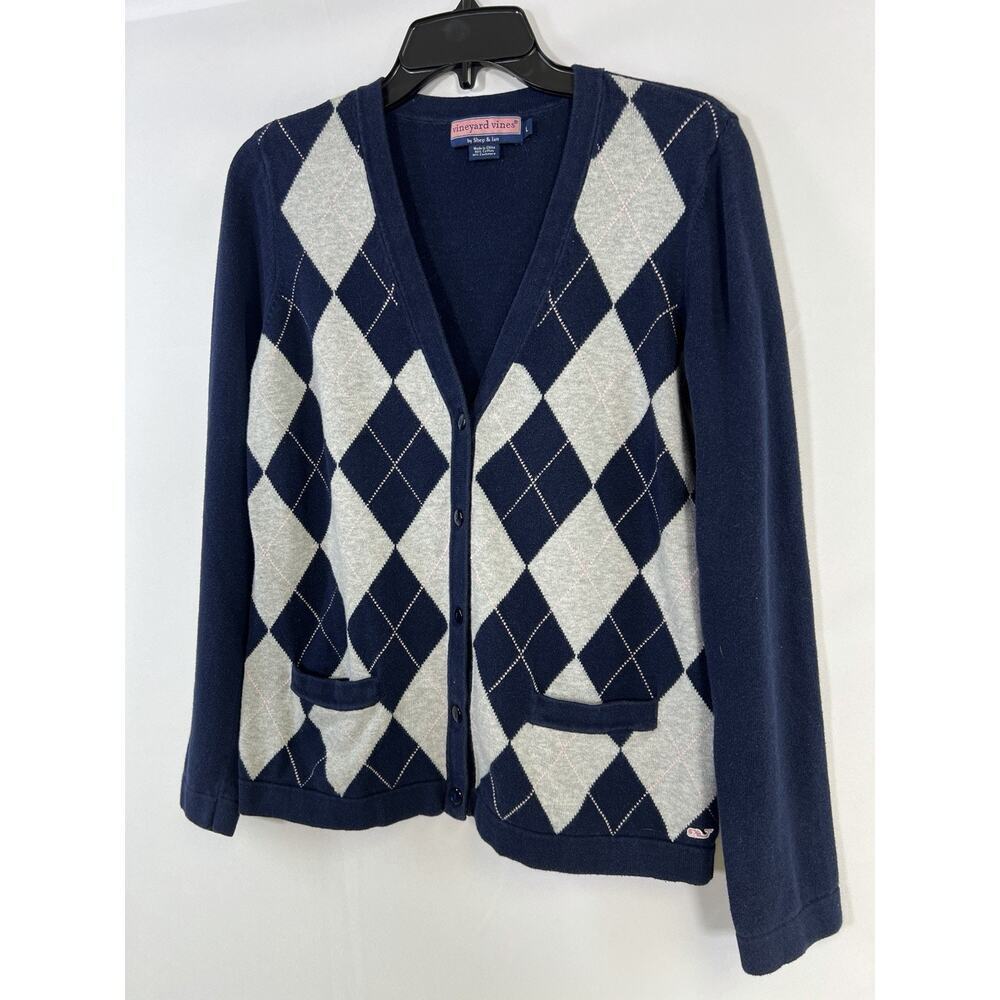 Vineyard Vines Argyle Cardigan Womens Sz L Navy Pink Gray Cashmere Cotton Preppy - Picture 3 of 8